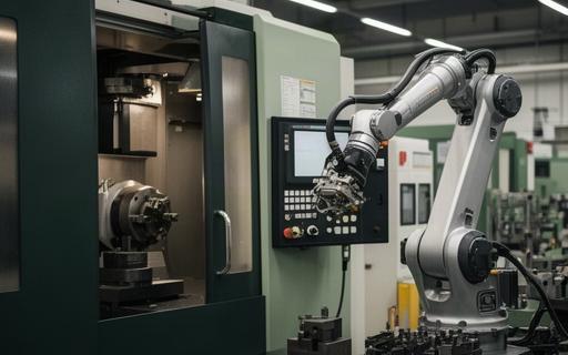 Kollaborativer Roboterarm in einer Schweizer Produktionshalle bei La Grande-Béroche, montiert an einer älteren Werkzeugmaschine