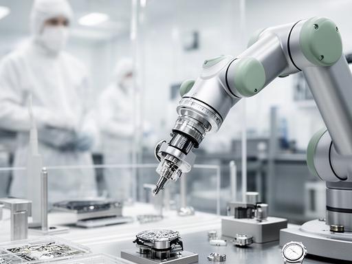 Präzisionsroboter in einem Reinraum bei einem Uhrenhersteller im Jurabogen, Mikromontage empfindlicher Komponenten unter Reinraumbedingungen